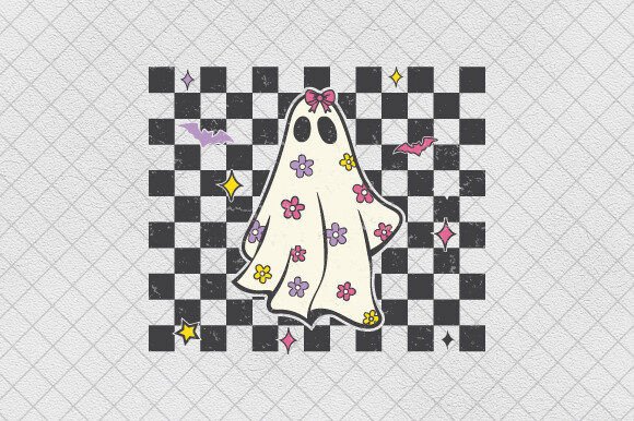 Checkered Halloween Daisy Ghost PNG Bow